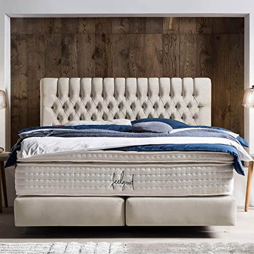 Boxspringbett Chester 180x200 Samt, Chesterfield, mit Visco-Topper, Acryl-Füße, Hotelbett, ohne Bettkasten, 7 Zonen Taschenfederkern-Matratze, Aufbau KOSTENLOS (Creme, 180x200 cm mit Topper)