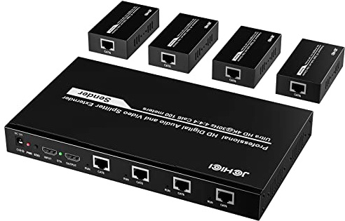 HDMI Extender Splitter 1 x 4, JCHICI 4K@60Hz 100M(328fts) HDMI Extender Over Cat5e/6 with Loopout and EDID Copy Function, Lossless Transmission and Zero Latency, Support 3D