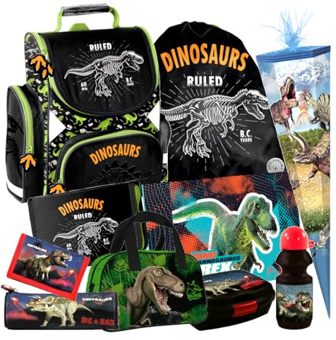 Dinosaurier Dino T-Rex Schulranzen Ranzen Tornister 10 Teile Set Tasche Federmappe Schreibtischunterlage Schultüte 85 cm mit Sticker-von-Kids4shop ps