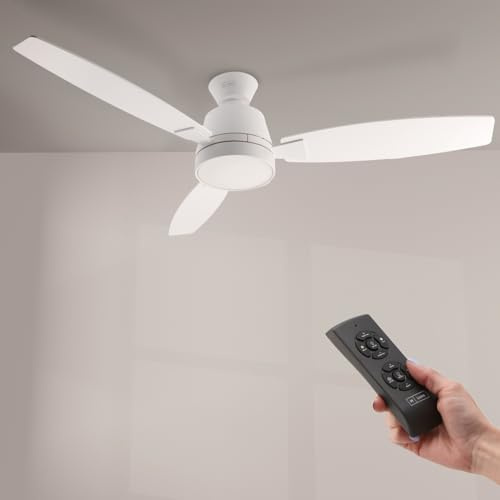 M mimotec - Ventilador de Techo con luz Led White Bass, mando a distancia, motor DC 31W+Luz Led 18W, 6 velocidades, Silencioso,3 Aspas de MDF, 132 cm, función verano-invierno, temporizador
