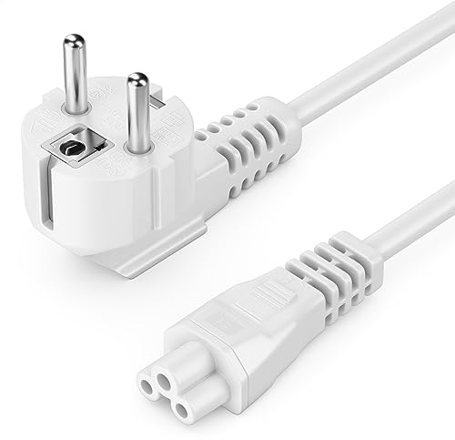 deleyCON 1,5m Cable de Alimentación con Enchufe Tipo F (CEE 7/7) en ángulo de 90° a Conector IEC C5 (Trébol) 2,5 A, para TV, Monitor, Pantalla, Portátil y Adaptador de Corriente - Blanco