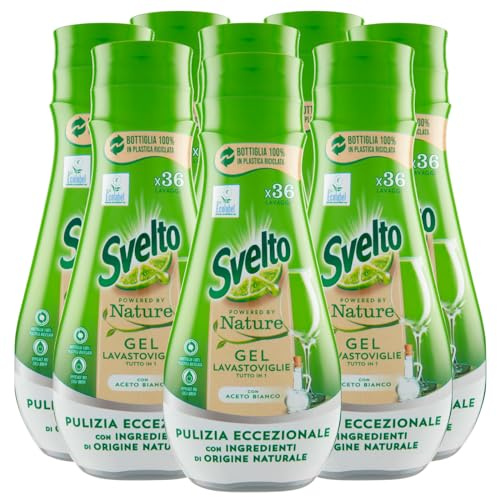 Svelto Powered By Nature Gel tout-en-1 pour lave-vaisselle, nettoyage exceptionnel avec vinaigre blanc et ingrédients d'origine naturelle – 8 flacons de 640 ml