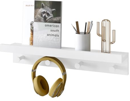 WOLTU Schweberegal, Wandregal mit Haken, Hängeregal Garderobenhaken weiß, schwebendes Regal für Büro, Wohnzimmer, Schlafzimmer, Küche, Wohnzimmer, RG9510ws