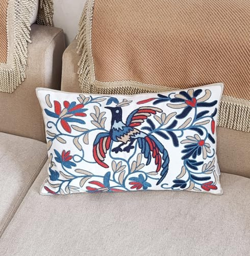 ZUODUTEX 1 housse de coussin en coton motif phénix bleu 30 x 50 cm rectangulaire bleu marine housse de coussin bohème style exotique taie d'oreiller brodée housse de coussin 30 x 50 cm