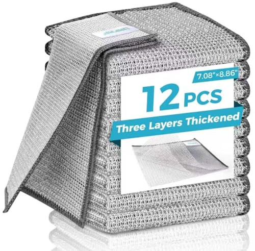 Forggon12 Pcs New Upgrade 3-Layer Metal Dish Cloth, No Scratches and No Odor, Multipurpose Wire Dishwashing Rag for Wet and Dry, Kitchen Cleaning DishRags,Sinks,Dishes,Stove Top, Dimensions(7.08X8.86)