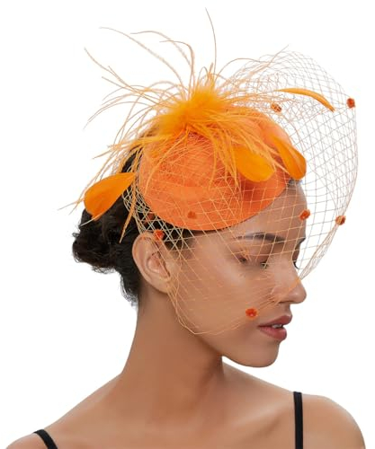 Yeuyyben Fascinator für Damen, Cocktail, Hochzeit, Party, Kirche, Kopfschmuck, modische Kopfbedeckung, Feder-Haarschmuck, Braut, Orange, Einheitsgröße