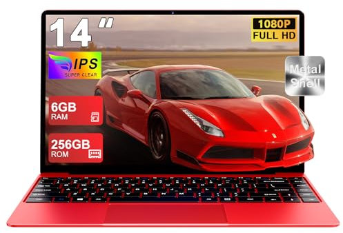 NOTODD 2025 Laptop 14 Zoll Win11 Celeron N4020 256GB SSD Unterstützung 1TB (TF 512GB) Full Metal Notebook 1080P 5G WiFi Mini HDMI & Kabellose Maus Tastaturfolie für Tastatur-Red