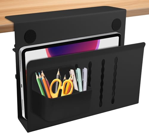 WIYETY Skrivbord sidoförvaring, skrivbordsförvaring med pennhållare, PC-hållare sidoskrivbord, för enheter med tjocklek < 4 cm, utan borrning, ett skikt – svart, vit (svart)