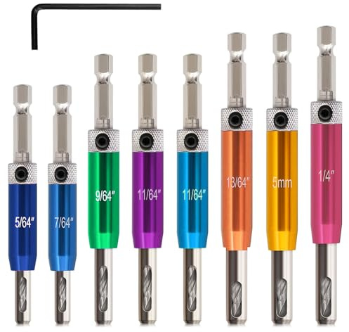 KOOLEVER 9PCS HSS Self Centering Hinge Drill Bit Set With 1/4 Hex Shank for Cabinet Window Door - 5/64, 7/64, 9/64*2, 11/64, 13/64, 5mm, 1/4 With Allen Wrench