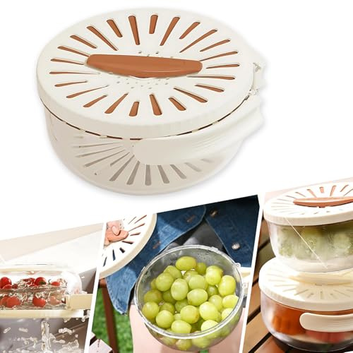 Boxonly Multifunctional Fruit and Vegetable Washing Bowl with Lid – 2-in-1 Plastic Drain Basket with Foldable Handle, Colanders and Strainers for Kitchen Use (Brown)
