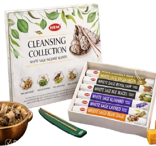Hem Cleansing Collection 6er Geschenk Set Räucherstäbchen - Weiße Salbei Mischungen: Yerba Santa, Schwarzer Salbei, Eukalyptus, Lavendel, Blauer & Königssalbei + Premium Braun Stäbchen Halter