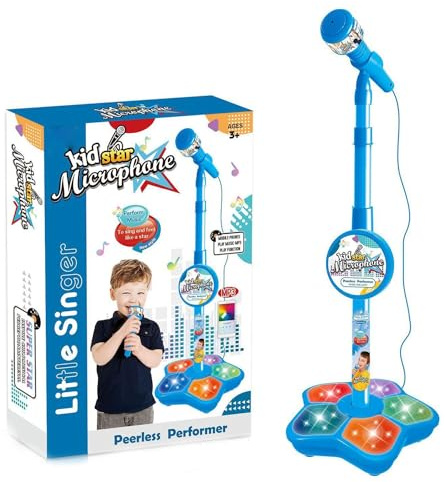 Stand Up Microphone Kids, Child Microphone with Adjustable Stand for Kids, Karaoke Machine with Lights, Girls Party Pastime, Sing Musical Toy with Flashing Stage Lights (Blue)