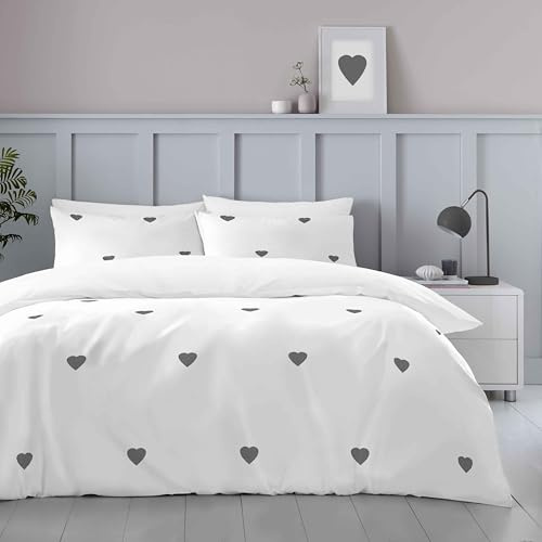 GC GAVENO CAVAILIA Heart Duvet Cover - Polycotton Single Bedding Sets (135x200 cm) - Breathable Quilt Cover Bed Set With Pillow case - Washable Bed Linen, White/Charcoal