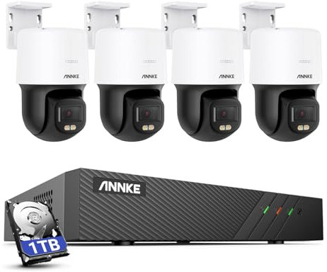 ANNKE 3K PT POE - Telecamera di sorveglianza per esterni, 4 telecamere IP con visione notturna a colori F.10 Ture, rotazione a 340°, inclinazione a 110°, audio a 2 vie, allarme di movimento, accesso