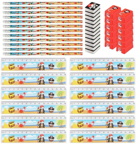 com-four® 48-teiliges Kinder-Schreibset Pirat - Schulutensilien mit Bleistift, Lineal, Anspitzer und Radiergummi für 12 Kinder - Partypack als Mitgebsel für Kindergeburtstag (48-teilig - Pirat)
