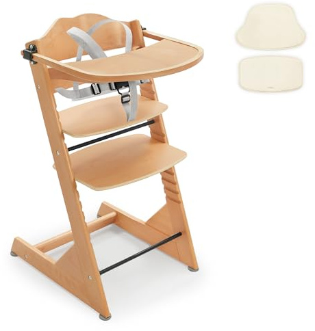 LUE BONA Hochstuhl aus Holz – wandelbarer Kinderhochstuhl mit Kissen, Geschirr & abnehmbarem Tablett,Geeignet für Babys und Kleinkinder in Naturfarbe