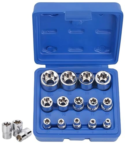 Douille Torx Externe: WANDGU Ensemble de 14 Pièces E-Série E4, E5, E6, E7, E8, E10, E11, E12, E14, E16, E18, E20, E22, E24 en Chrome-Vanadium pour Atelier et Industrie