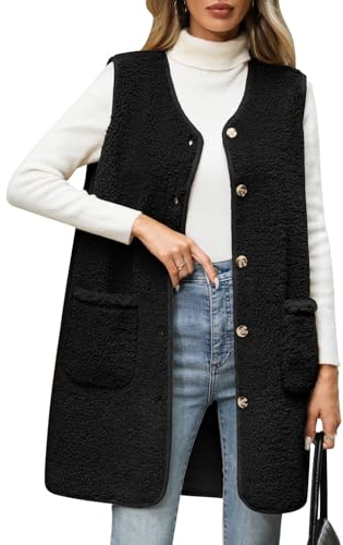 Tuopuda Teddy Fleece Gilet for Women Long Button Vest Sherpa Fluffy Sleeveless Jackets with Pockets Ladies Lightweight Outerwear Vests for Spring Fall Winter(Black,M)