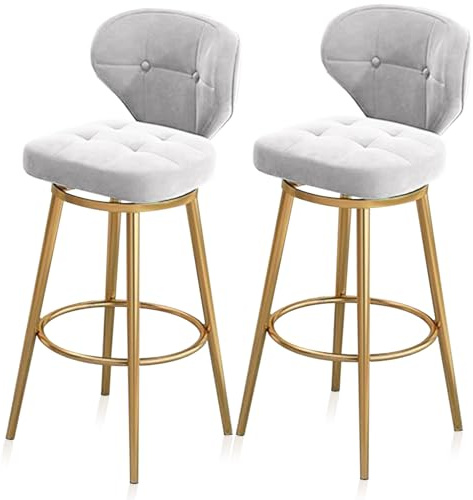 Barhocker aus Samt in Thekenhöhe, 2er-Set, Esszimmerstuhl, Drehbarhocker mit Metallfußstütze, Moderne gepolsterte Barstühle, Weiß 65 cm, goldene Beine
