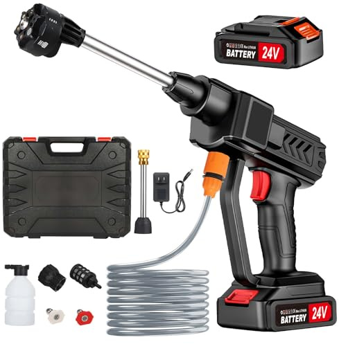Idropulitrice a Batteria con 6 in 1 Ugello, Idropulitrice Portatile, Tubo Flessibile 5 M, Spruzzatore di Schiuma, Per Pulizie Esterni Giardino Auto