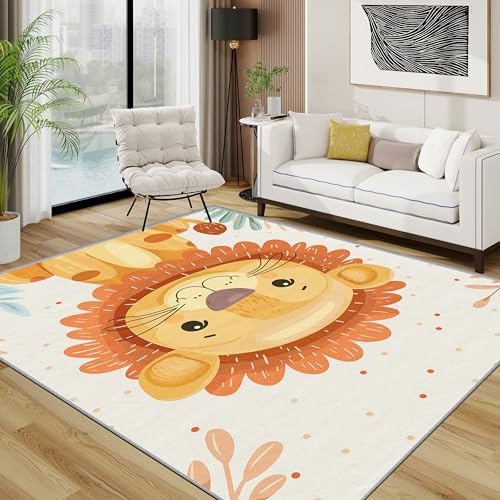 TerroVee Löwe Teppich, Cartoon Süß Safari Dschungel Tiere Kleiner Teppich, Kinderzimmer Waschbar Kurzflor Weich Teppiche Eingangsbereich Innen Küche, 60x90 cm, Orange Beige