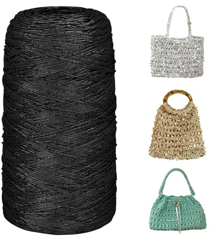 Uiopa Cordino per Borse Uncinetto, 200g/480m Filo Nero Metallico Cordino Uncinetto, Corda Macrame 1mm Glitter Cordoncino per Borse, Cestini, Decorazioni, Artigianato