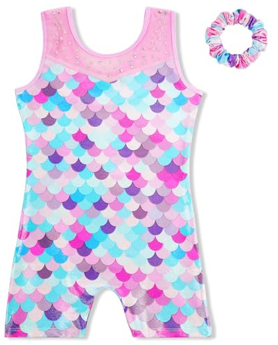 AOOWU Maillot de Danza para Niña, 2 PCS Leotardos de Gimnasia Rítmica para Niños con Diadema, Cuello Redondo Body Niña Danza, Ballet Leotardos Niña Sirena Rosa Sin Mangas para 5-6 Años (120CM)