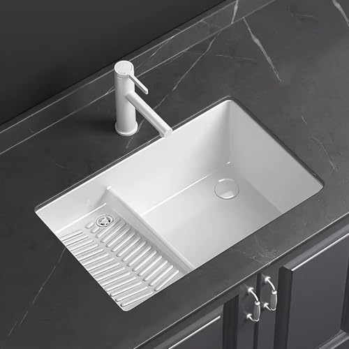 Lavatoio Lavanderia con Asse da Bucato, Lavandino in Ceramica Bagno, Lavabo Bagno con Rubinetto Estraibile e Kit di Scarico, Adatto per Lavanderie, Balconi e Bagni(44x35cm/17.3x13.8in)