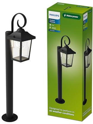Philips Buzzard Outdoor Pedestal Light + E27 LED Bulb, Warm White Light, IP44 Weather-Resistant, Durable, Aluminum, Classic Design, Black