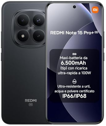 XIAOMI Redmi Note 15 Pro+ 5G - Smartphone 8+256 GB batería 6500 mAh, IP66/IP68, protección contra el polvo y el agua, nueva cámara de 200 MP, pantalla AMOLED de 6,83, color negro