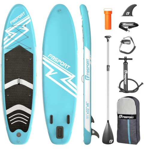 FBSPORT Aufblasbares SUP Board, Stand Up Paddling Board, Aufblasbare Stand Up Paddle Board für Stand-Up Paddling 15CM Dick, Surfbrett Kit mit Verstellbares Aluminium SUP Paddel+Pumpe(Iceblue)