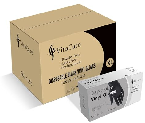 ViraCare 1000 x Black Vinyl Gloves X-Large, Latex Free, Powder Free | Strong, Non-Sterile, Black Gloves Disposable, 10 Packs of 100