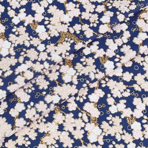 BENECREAT 39.37 x 58.66/ 100x149cm Japanese Cotton Floral Fabric, Sakura Cherry Blossom Pattern 100% Cotton Fabric for Sewing Quilting Crafting Projects and Home Decor, Midnight Blue