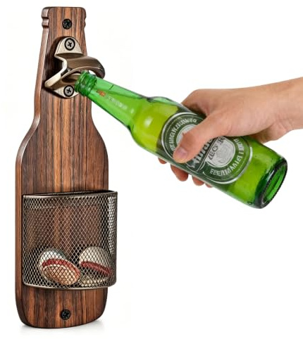 Cryptisg Abrebotellas de Pared, Abridor de Cerveza de Madera Vintage, Abridor Cerveza Pared con Colector de Tapa, Abrebotellas de Madera para Bares, Restaurantes, Exteriores, Cocinas, Garajes