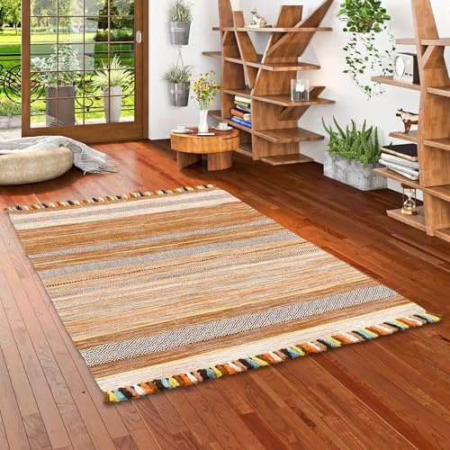 Navarro Natur Teppich Bauwolle Kelim Kalleen Beige in 6 Größen