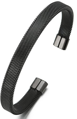 COOLSTEELANDBEYOND Elastic Adjustable Black Stainless Steel Mesh Cable Bangle Bracelet for Men Women