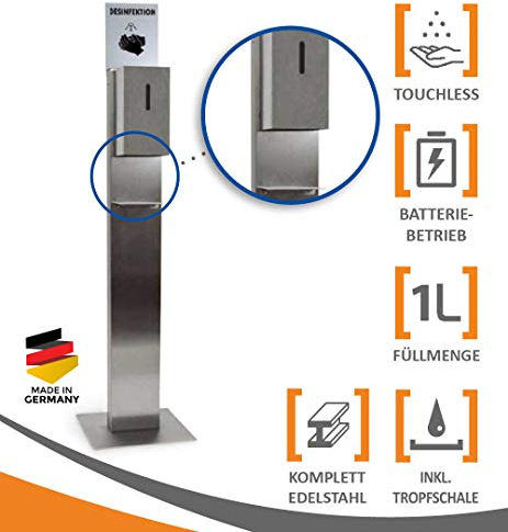 MyMAXXI | Hand Desinfektionsmittelspender Station Sensor Steel Edelstahl Spender Set 6X 1L Desinfektionsmittel stehend automatisch | touchless Disinfection Desinfektionsspender Standfuß