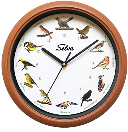 SELVA Tieruhr, Wanduhr, mit Tierlauten zu jeder Stunde und farbenfrohe Illustrationen, Gehäuse aus Kunststoff, Holzoptik, Farbe:Singvögel