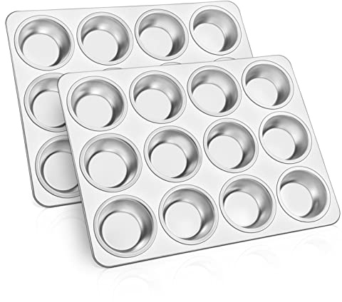 TeamFar 12-Cup Muffin Pan, Stainless Steel Cupcake Pans Muffin Tin Set for Oven Baking Mini Brownies Quiches Tarts, Non Toxic & Regular Size, Dishwasher Safe – Set of 2