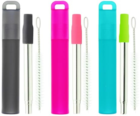 NAIVELY-Metal Reusable Straws 3 Pack Collapsible Portable Stainless Steel Drinking Straw Telescopic Travel Straw, with Case and Cleaning Brush Foldable Pocket Straws