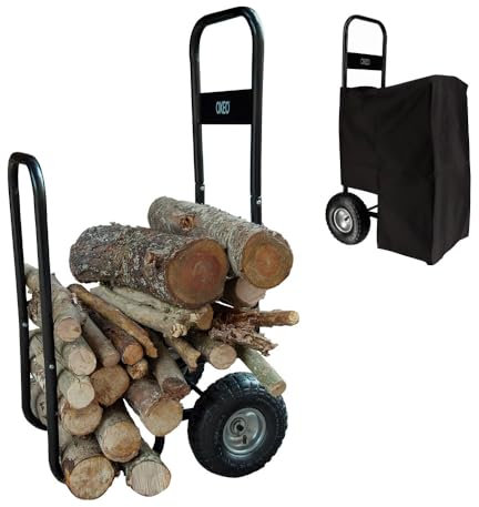 Chariot à bûches à roulettes - adapté aux bûches de 33 et 50 cm - charge max 150kg - bâche de protection incluse