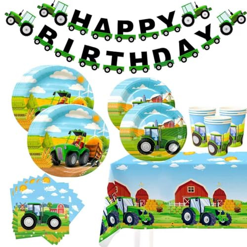 Traktor Geburtstag Deko Geschirr,16 Gäste Traktor Partygeschirr Set-Traktor Geburtstag Teller Becher Tischdecke Banner etc Partyset Traktor