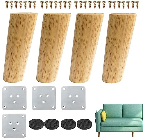 12cm Wooden Furniture Legs Set of 4pcs Solid Wood Oblique Tapered Furniture Replacement Feet Sofa Table Legs with Mounting Plate & Screws Anti-Slip Mats for Sofa TV Cabinet Bed Couch Dining Table
