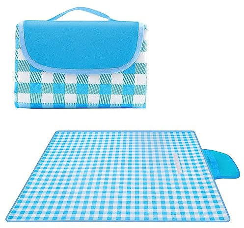 TengYuer Picknickdecke 180x200cm Stranddecke Wasserdicht Sandfrei Isoliert Faltbar Strandmatte mit Tragegriff Outdoor Campingdecke XXL für Camping Parks Strände Picknick Blau Weiß Kariert