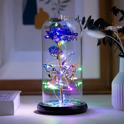 HFHungkeong Muttertag Rosengeschenk Galaxie ewige Rosenblume für Mutter Ehefrau Freundin Oma Jahrestag Geburtstag Geschenk Glaskuppel künstliche Regenbogenrose LED Lichtleiste Kristallblume Rosen