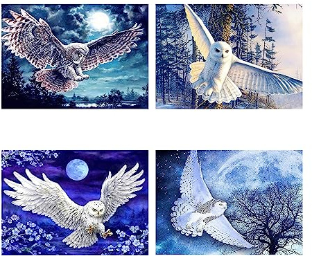 SHEGZHUC Diamond Painting Eule, 4 Stück, 40 x 30 cm, Set Strassgemälde, Diamantmalerei, Eule, Stickerei, Diamant, Baum, Malerei, Diamant, Mond, Malerei, Nummer, Erwachsene, Tiere
