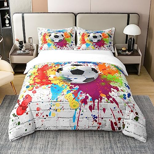 Loussiesd Football Bedding 100% Cotton Set Rugby Sports 100% Cotton Duvet Cover Soccer Ball Game for Children Bedroom Decor Gift for Football Lover Duvet Set King Size Zipper with 2 Pillow Case