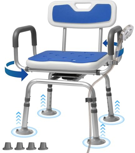 360° drehbarer Duschstuhl mit Rückenlehne und Armlehnen, drehbarer Badstuhl, Handicap-Duschstuhl mit kältebeständigen Pads, unterstützt 154 kg, werkzeuglose Montage, drehbarer Duschstuhl für
