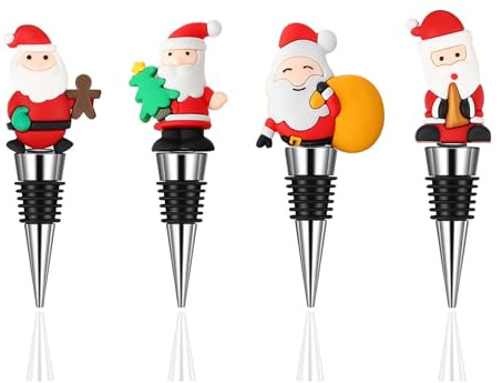 4 Stück Weinflaschenverschluss Weihnachten, Roter Weihnachtsmann Weinstopper, Wiederverwendbar Flaschenverschluss Weinverschluss für die Weinsammlung Wein Champagner, Lustige Weihnachten Geschenke