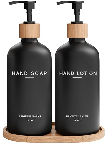 Black Glass Soap and Lotion Dispenser Set with Tray by Brighter Barns - Liquid Hand Soap Dispenser and Pump - Bamboo Bathroom Accessories & Modern Bathroom Decor (Black)